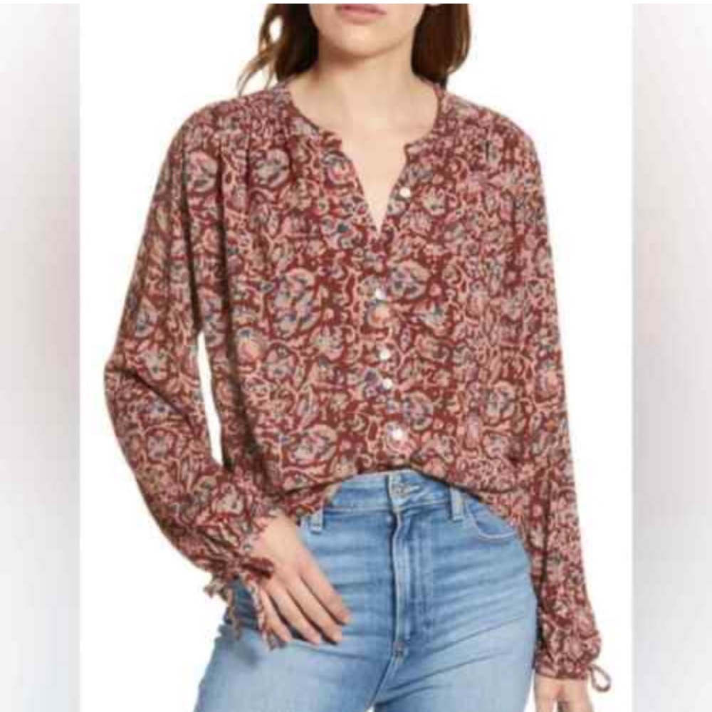 FAHERTY Everleigh tie cuff button-down loose fit woman’s blouse. LARGE